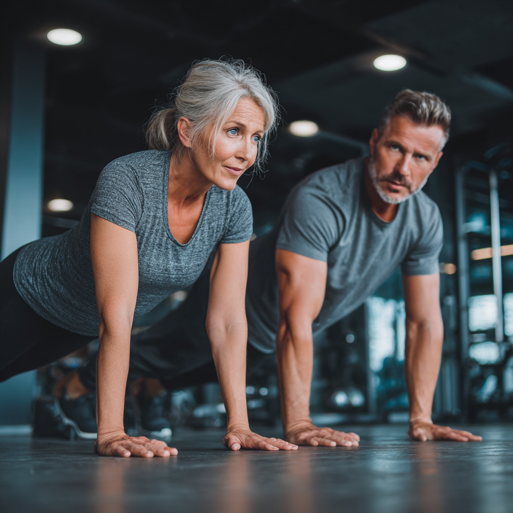 middle aged woman exercising with professional trainer in modern fitness facility